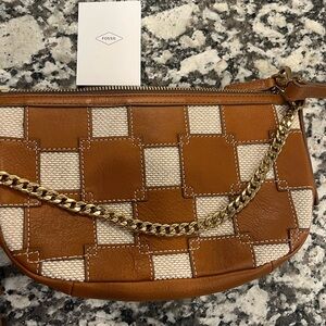 Fossil Tan and Cream Clutch with Chain Accent